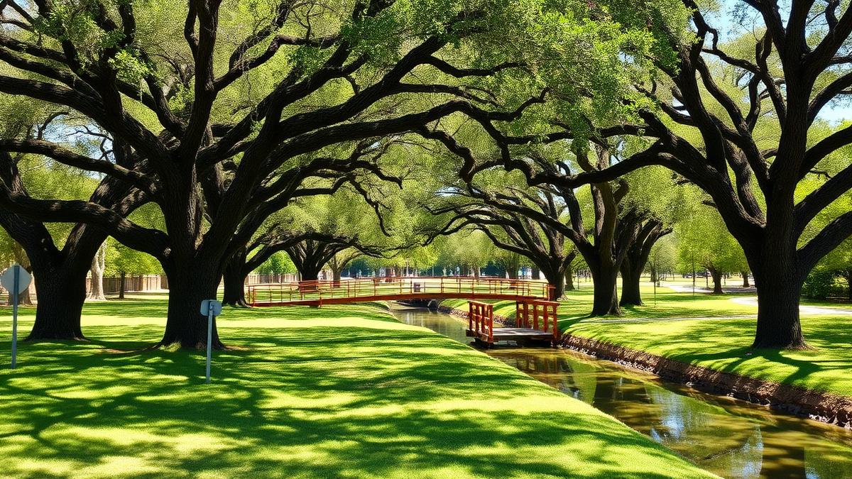 Shade trees and open green space at a community park in La Feria, Texas — part of Ground Patrol's La Feria pet waste removal service area