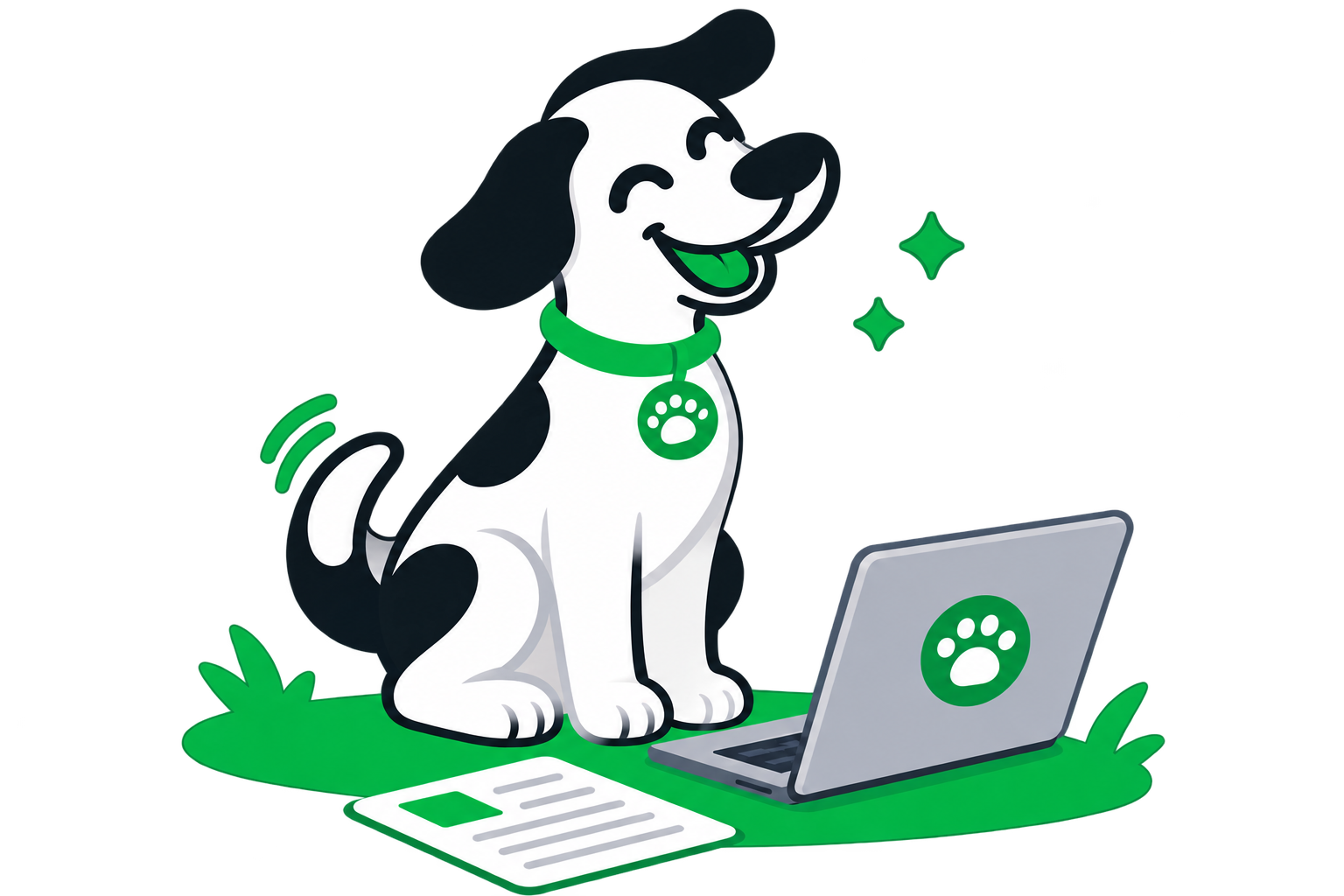 Happy dog reading the Ground Patrol blog on a laptop