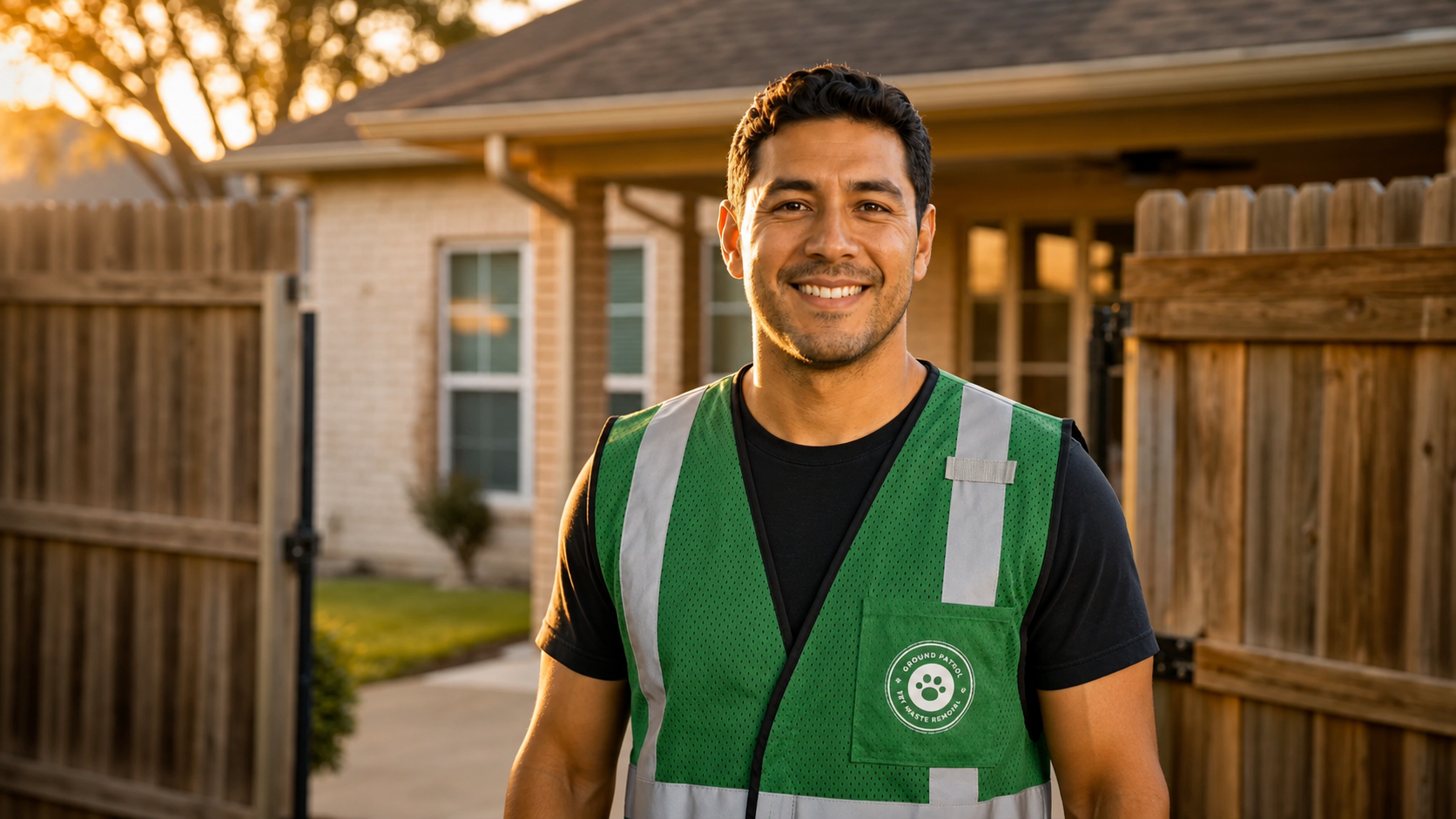 Friendly Ground Patrol team member smiling in front of a home
