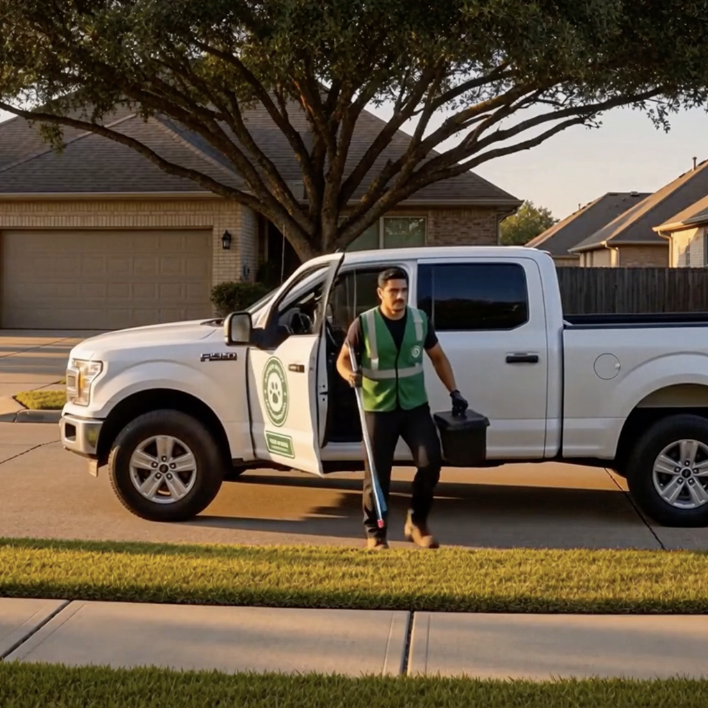 Ground Patrol technician arriving at a home in a branded service truck, ready to clean the yard