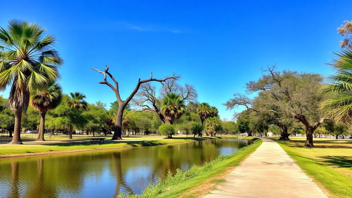 Live oaks, palms, and a pond at a city park in Brownsville, Texas — part of Ground Patrol's Brownsville pet waste removal service area