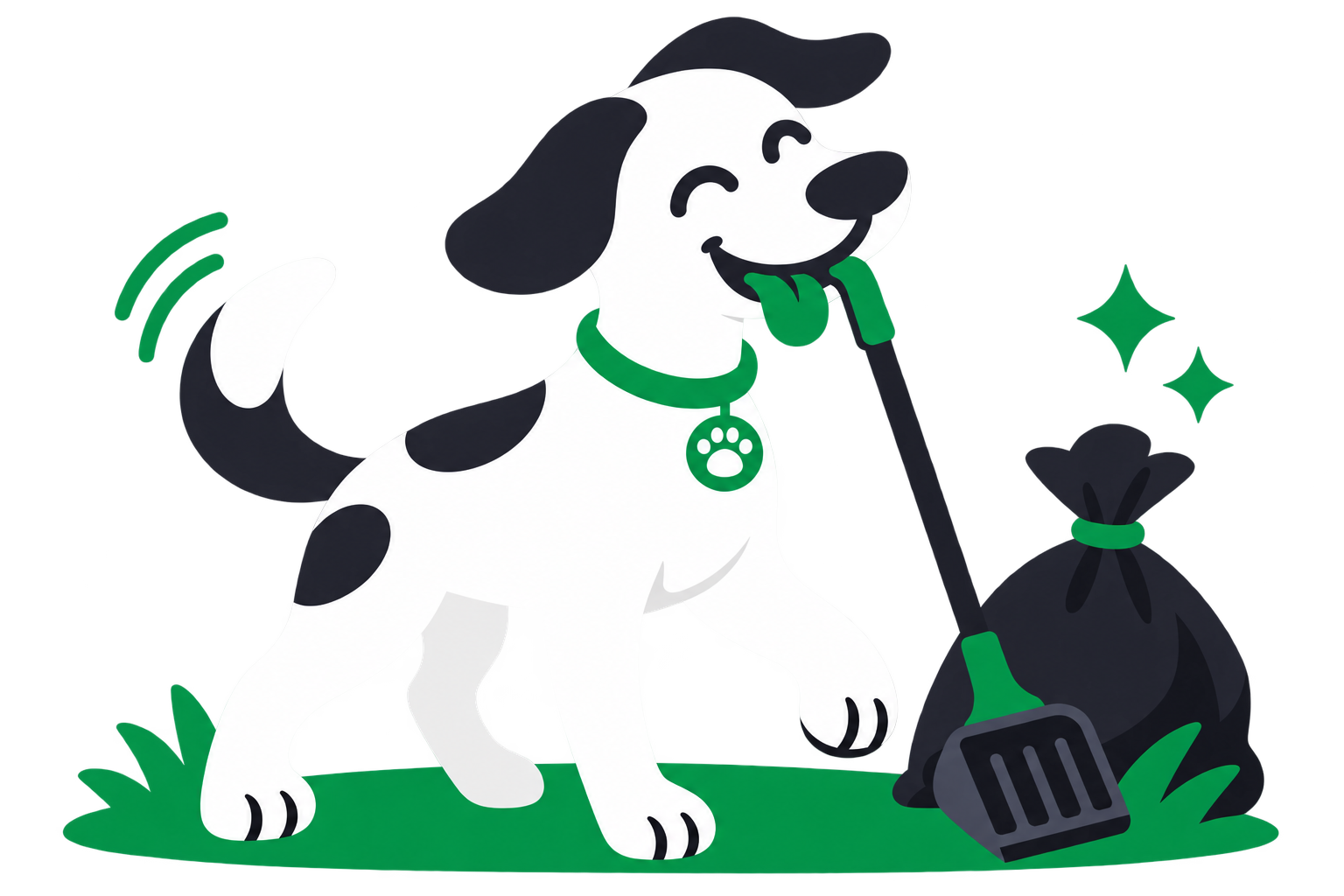 Happy spotted dog with a scoop and waste bag ready for one-time yard cleanup