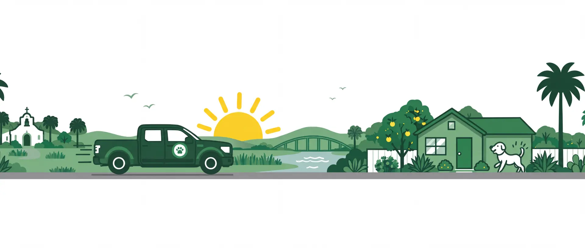 Ilustración de una camioneta de Ground Patrol recorriendo el Valle del Río Grande, con una casa, un perro, palmeras y el sol.