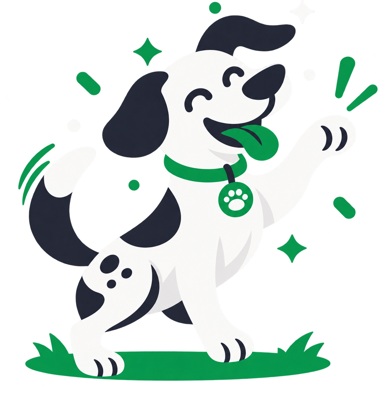 Happy spotted dog with a Ground Patrol tag, welcoming you to the service