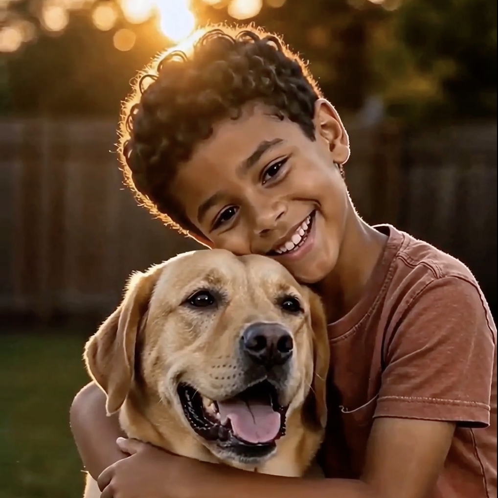 Happy child hugging a golden Labrador retriever in a sunny backyard