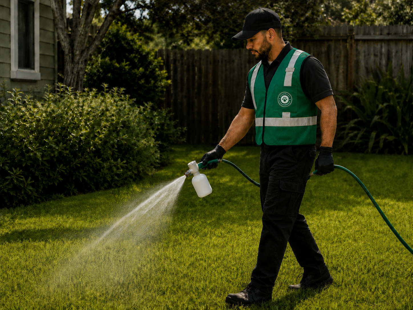 Ground Patrol technician applying yard deodorizer to a dog owner's lawn in the Rio Grande Valley