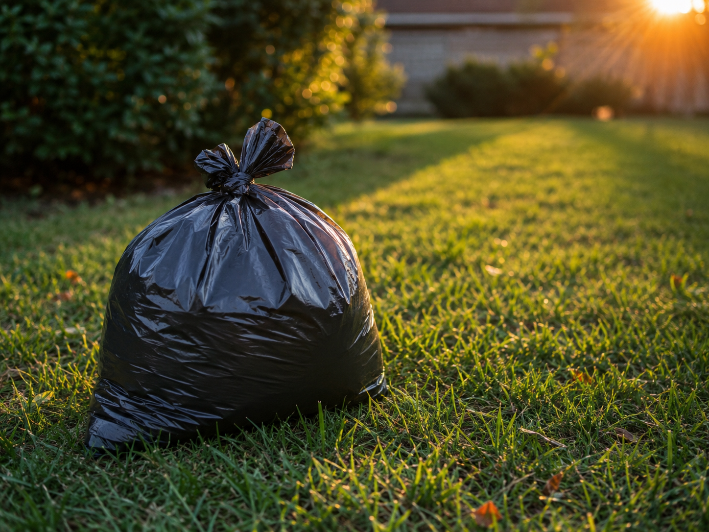 Bagged dog waste on a freshly mowed Rio Grande Valley backyard lawn at sunset after a pooper scooper service visit