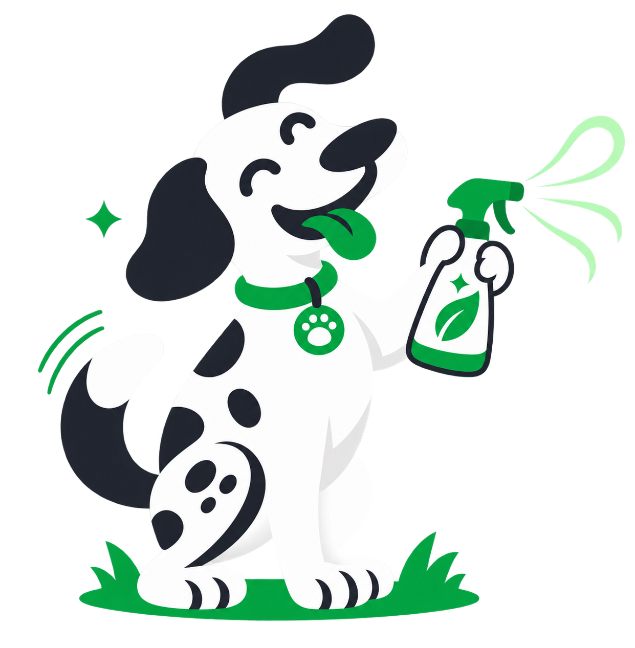 Happy spotted dog holding a pet-friendly yard deodorizing spray bottle