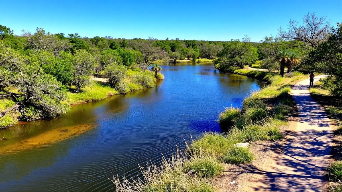 A resaca winding through a palm-shaded city park in Harlingen, Texas — part of Ground Patrol's Harlingen pet waste removal service area