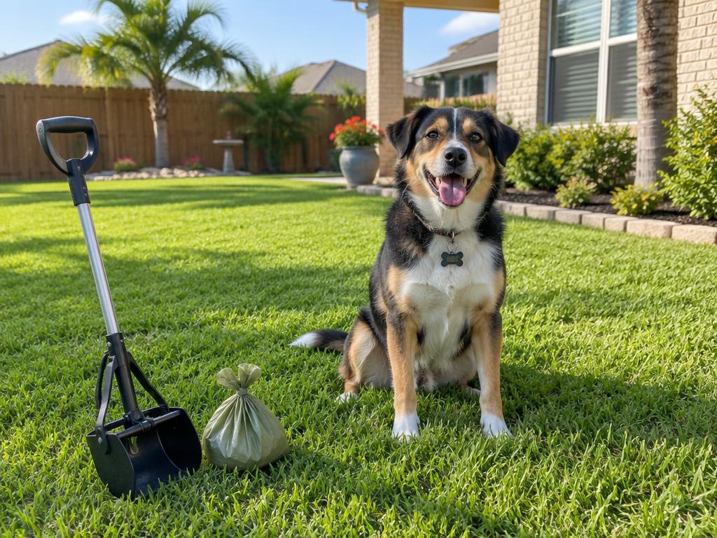 Perro feliz sentado en un patio con pasto verde y limpio, con una pala recoge-popó y una bolsa cerca, en el Valle del Río Grande